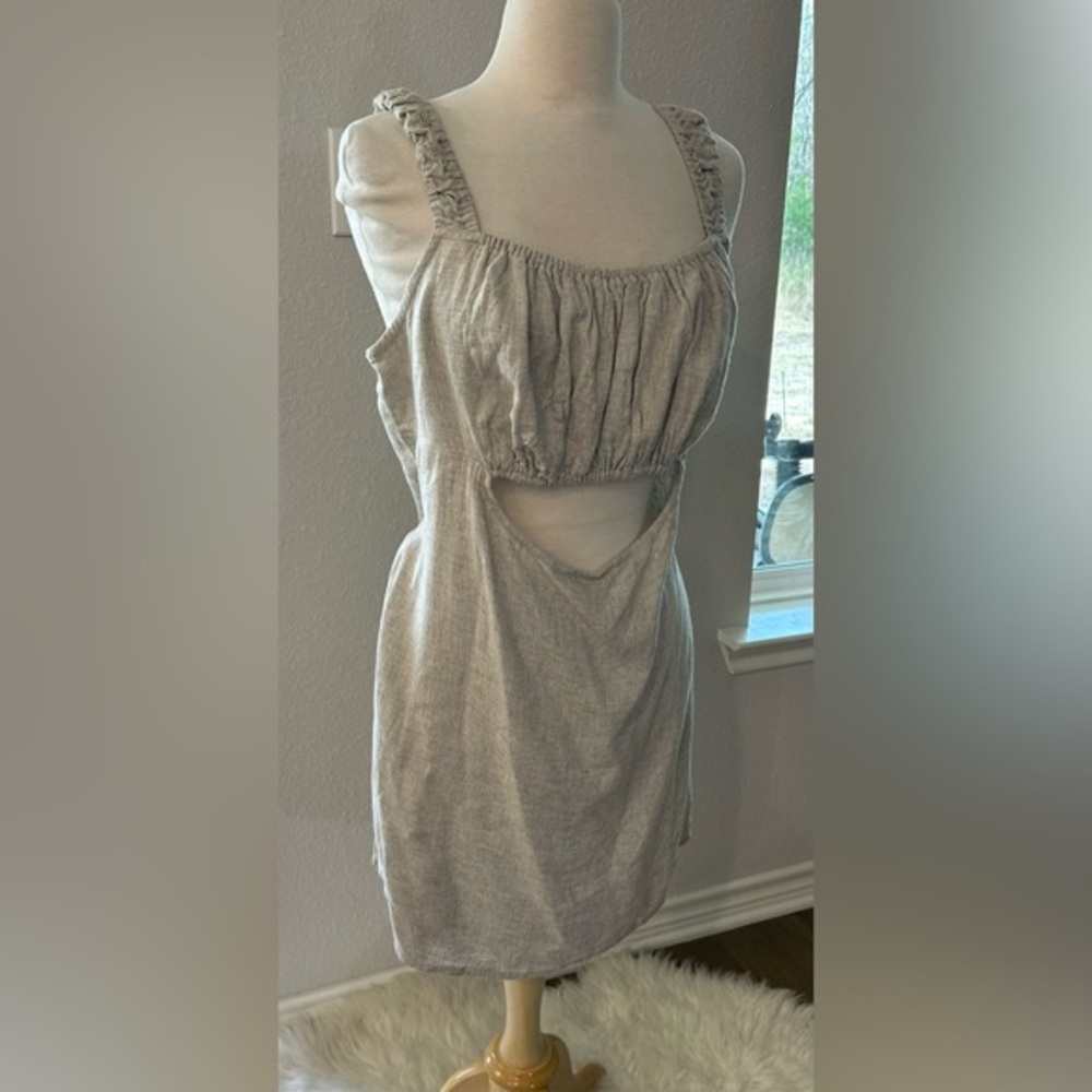 ASOS natural cream color linen look ruched sleeve cut out dress Elegant 14 XL